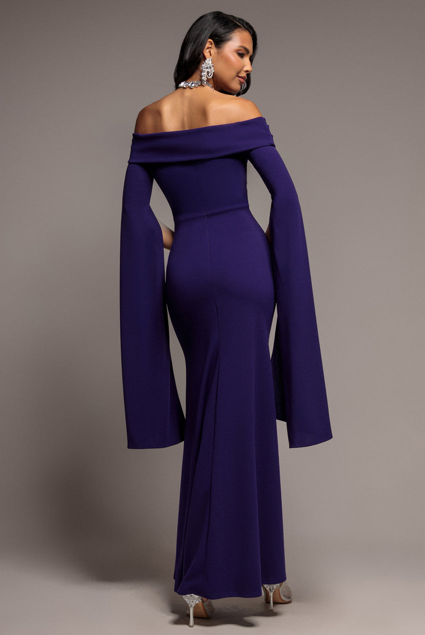 Goddiva Off Shoulder Bardot Maxi Dress With  Split Cape Sleeves - Deep Purple