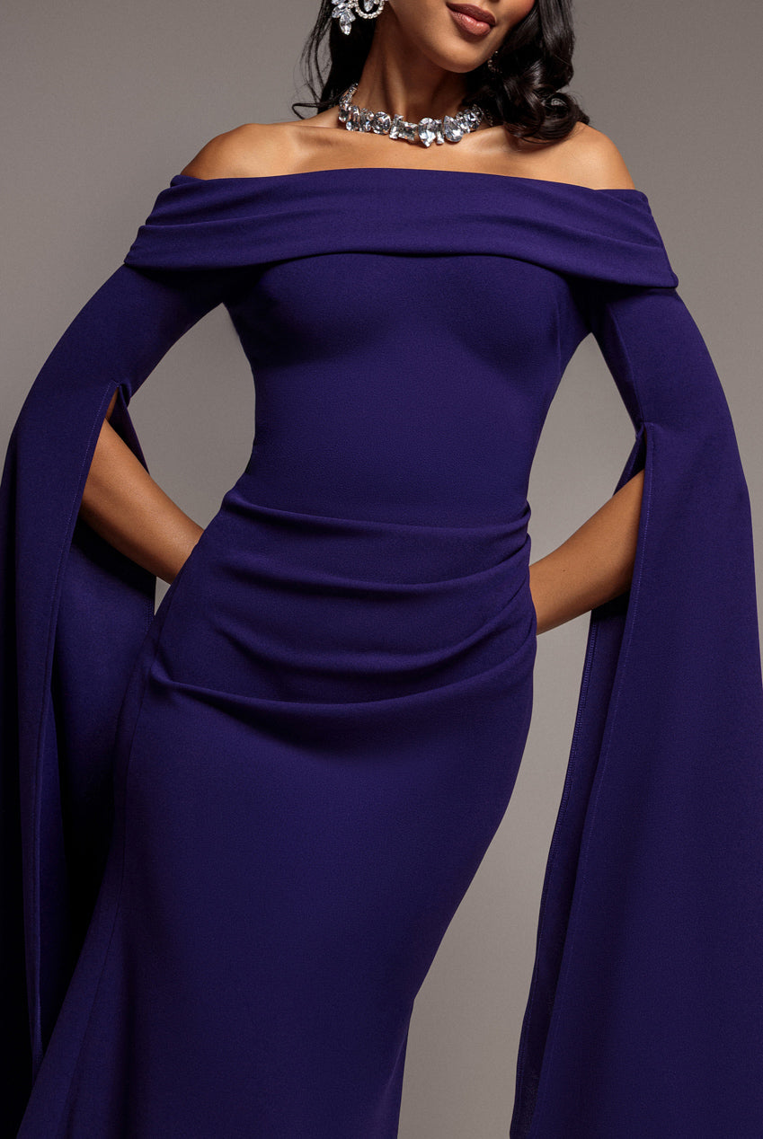 Goddiva Off Shoulder Bardot Maxi Dress With  Split Cape Sleeves - Deep Purple