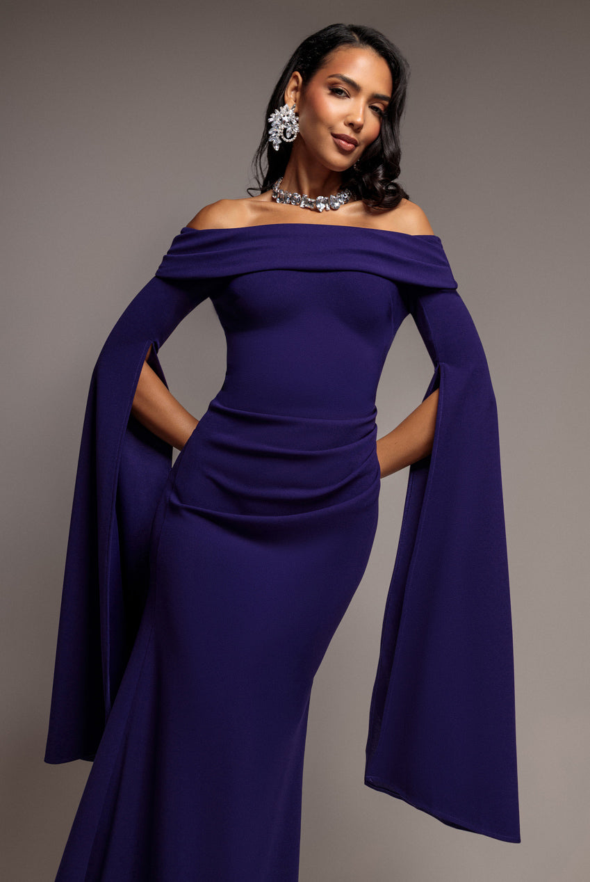 Goddiva Off Shoulder Bardot Maxi Dress With  Split Cape Sleeves - Deep Purple