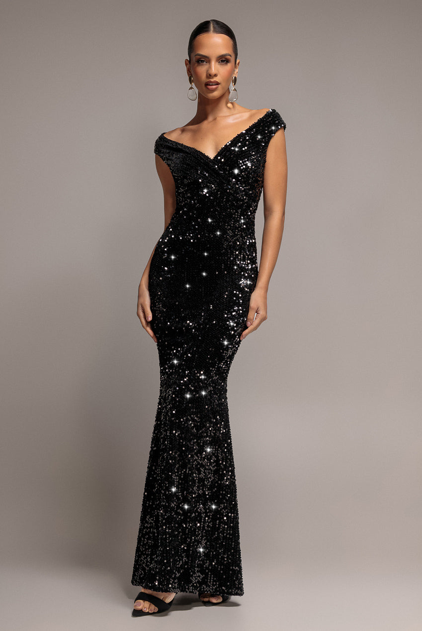 Goddiva Sequin & Velvet Off The Shoulder Wrap Maxi Dress - Black