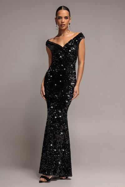 Goddiva Sequin & Velvet Off The Shoulder Wrap Maxi Dress - Black