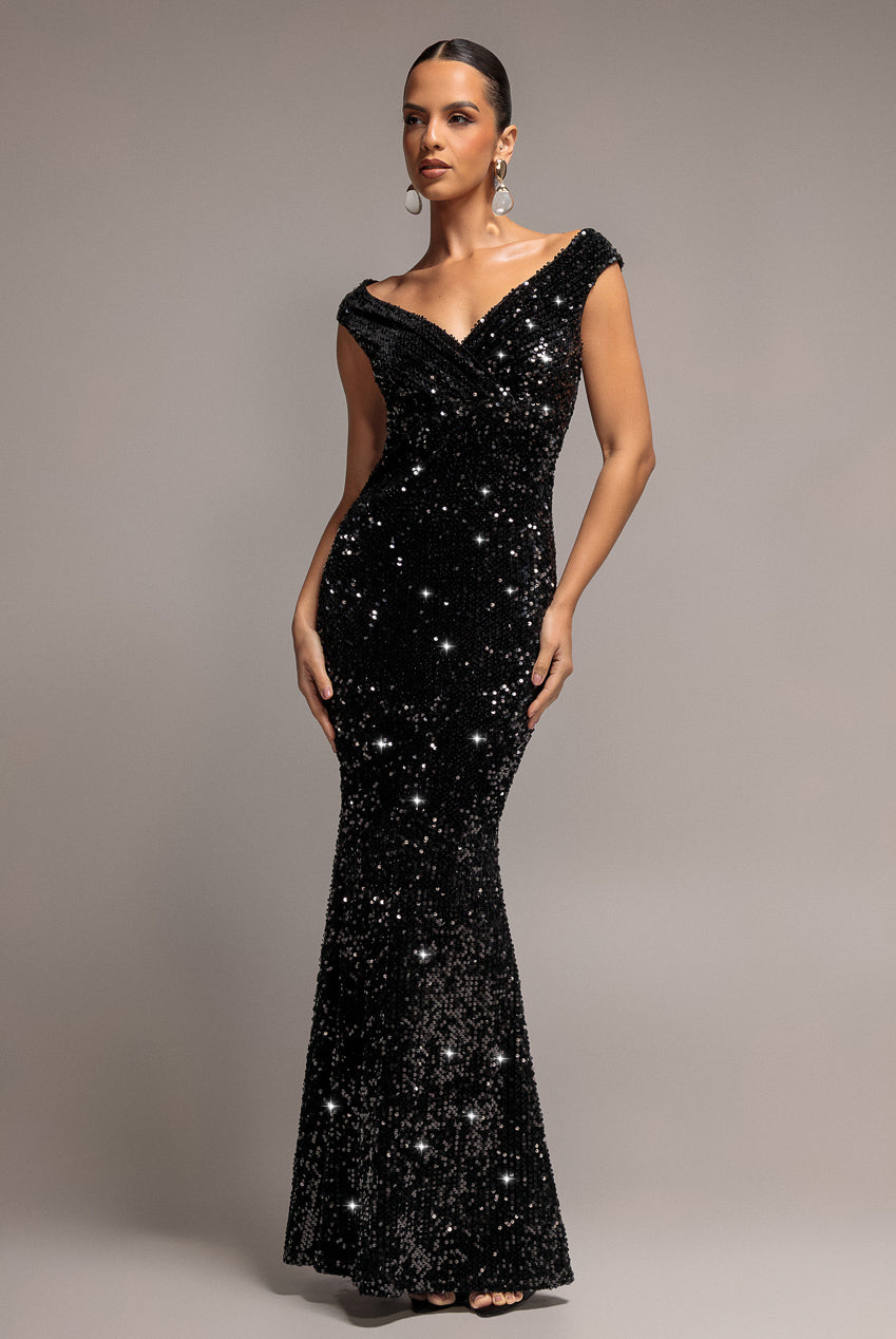 Goddiva Sequin & Velvet Off The Shoulder Wrap Maxi Dress - Black