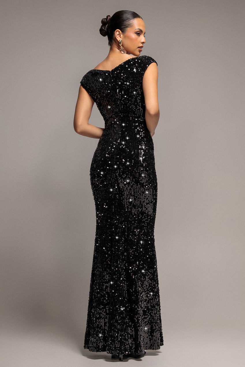Goddiva Sequin & Velvet Off The Shoulder Wrap Maxi Dress - Black