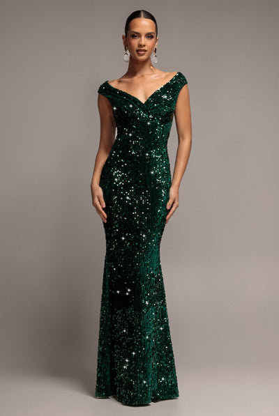 Goddiva Sequin & Velvet Off The Shoulder Wrap Maxi Dress - Emerald Green