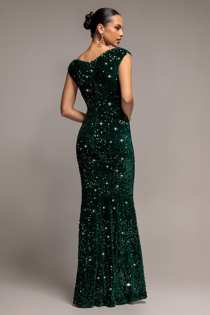 Goddiva Sequin & Velvet Off The Shoulder Wrap Maxi Dress - Emerald Green