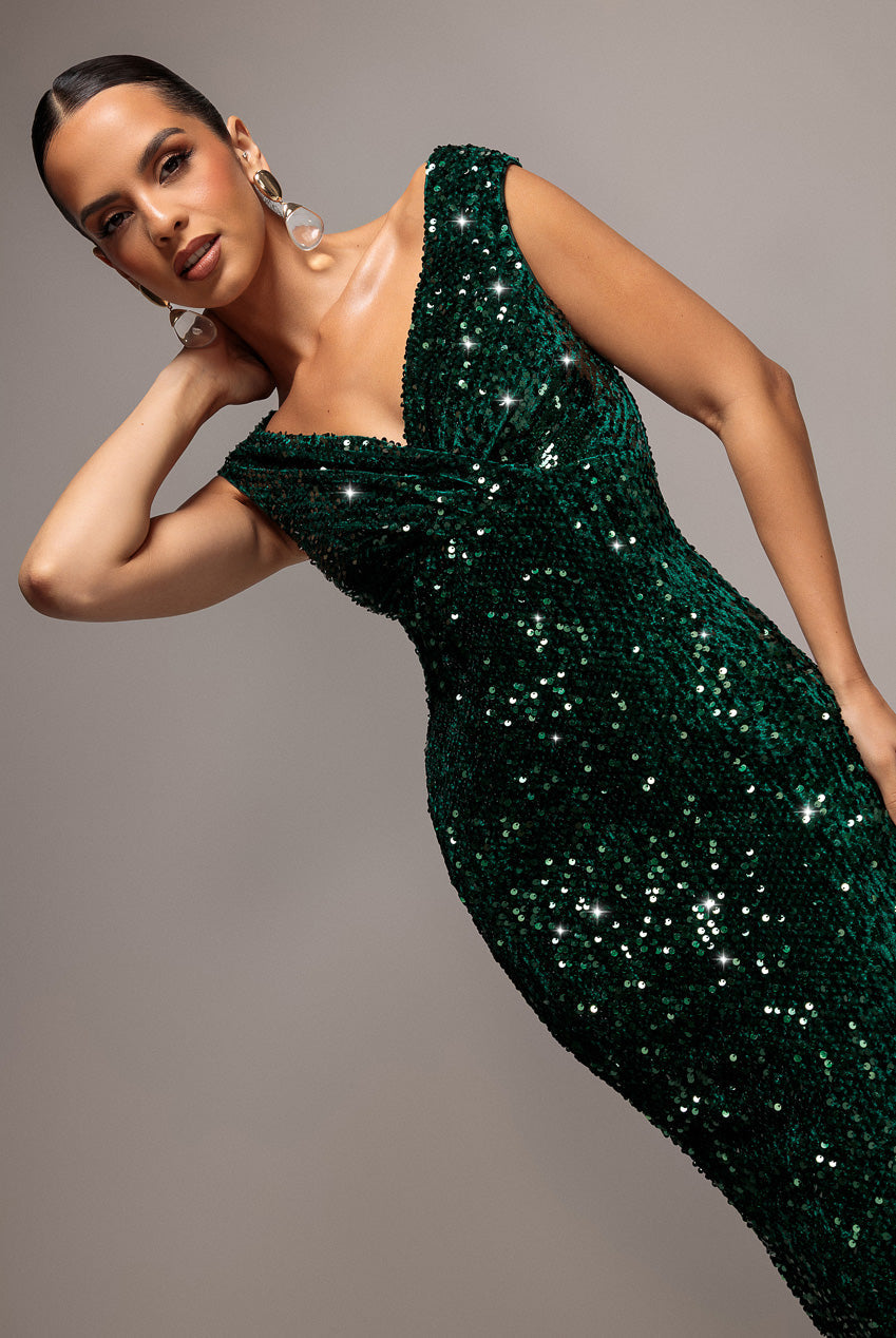 Goddiva Sequin & Velvet Off The Shoulder Wrap Maxi Dress - Emerald Green