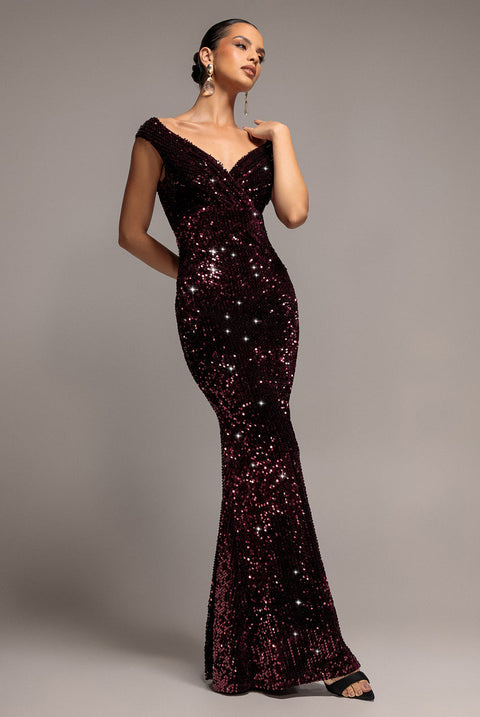 Goddiva Sequin & Velvet Off The Shoulder Wrap Maxi Dress - Plum