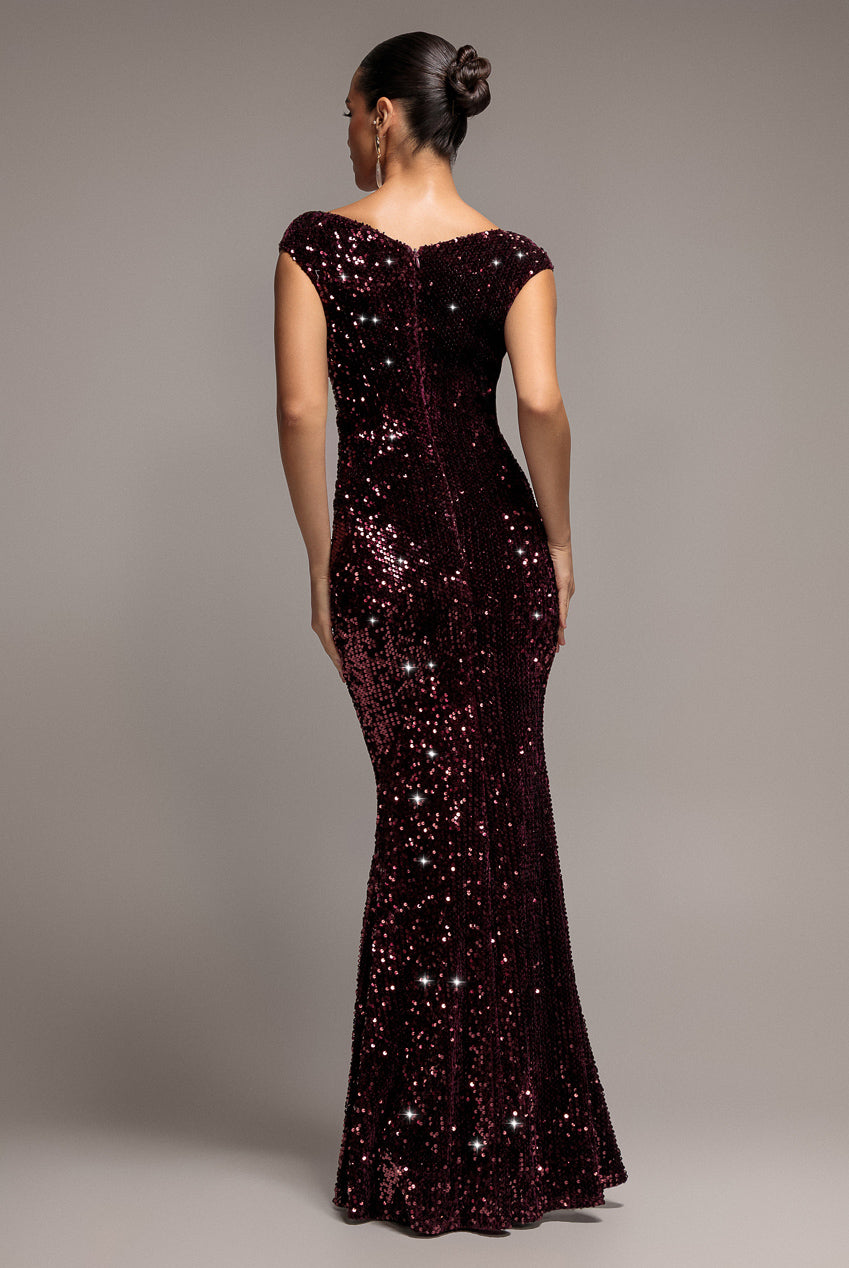 Goddiva Sequin & Velvet Off The Shoulder Wrap Maxi Dress - Plum