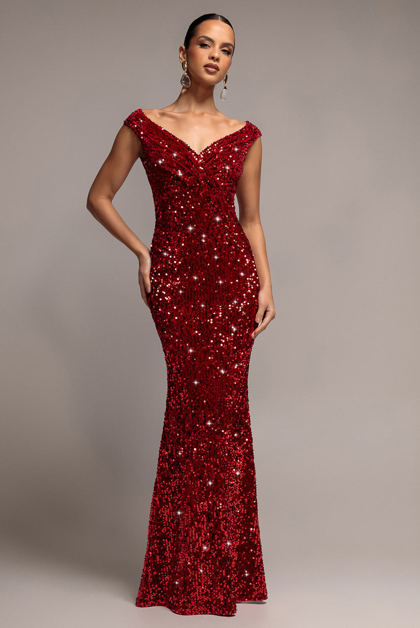 Goddiva Sequin & Velvet Off The Shoulder Wrap Maxi Dress - Red