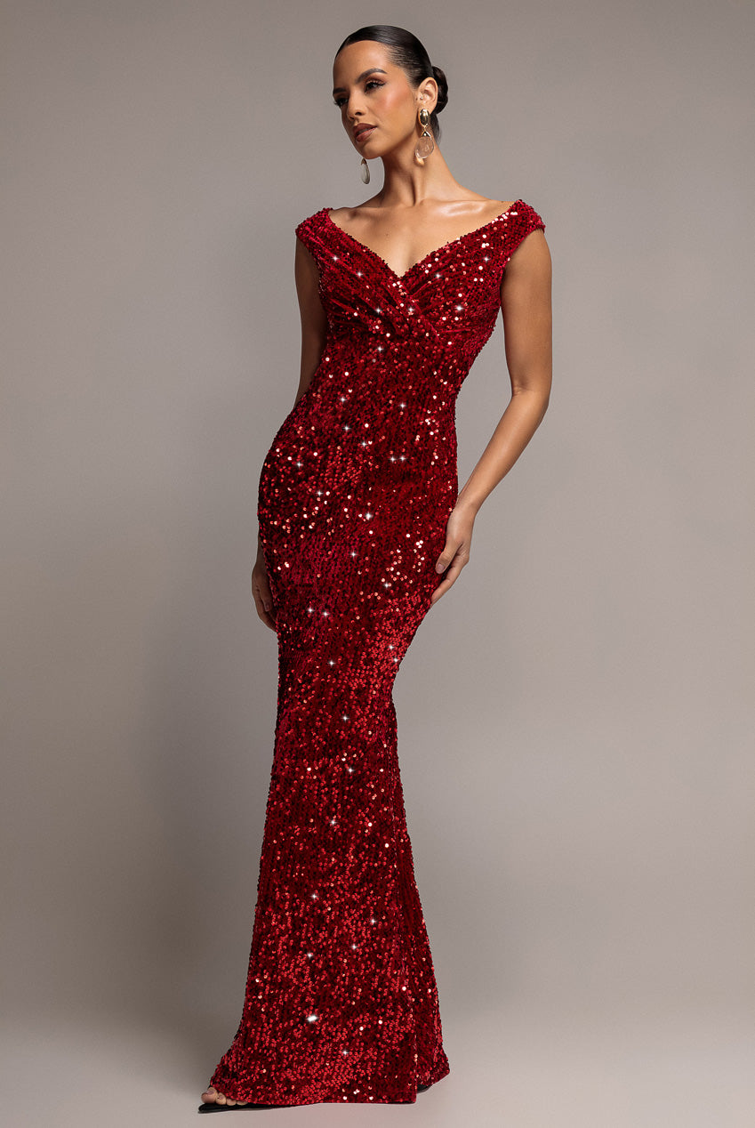 Goddiva Sequin & Velvet Off The Shoulder Wrap Maxi Dress - Red