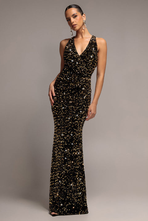 Goddiva Sequin & Velvet V Neck Cross Back Maxi Dress - Gold