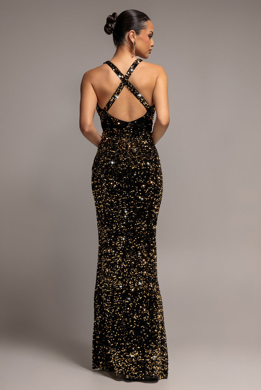 Goddiva Sequin & Velvet V Neck Cross Back Maxi Dress - Gold