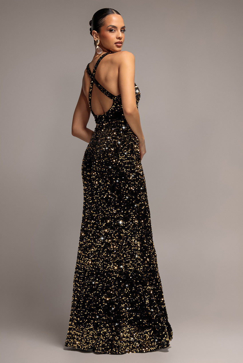 Goddiva Sequin & Velvet V Neck Cross Back Maxi Dress - Gold