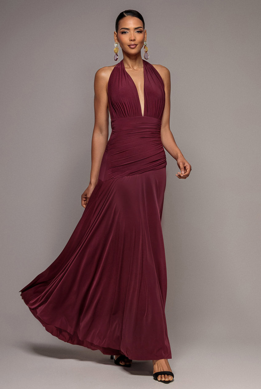 Goddiva Halter Neck Empire Waist Gathered Maxi Dress - Burgundy