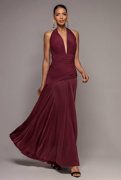 Burgundy - Goddiva Halter Neck Empire Waist Gathered Maxi Dress - Burgundy