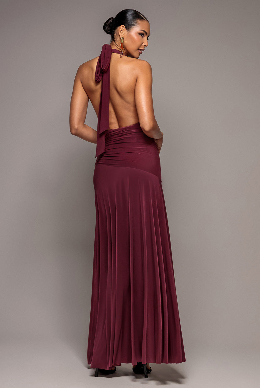 Goddiva Halter Neck Empire Waist Gathered Maxi Dress - Burgundy