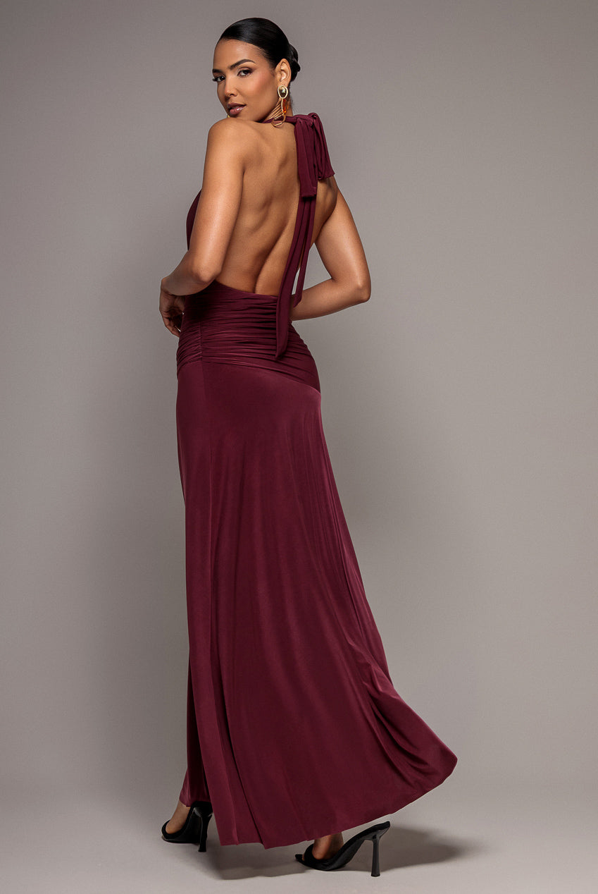 Goddiva Halter Neck Empire Waist Gathered Maxi Dress - Burgundy