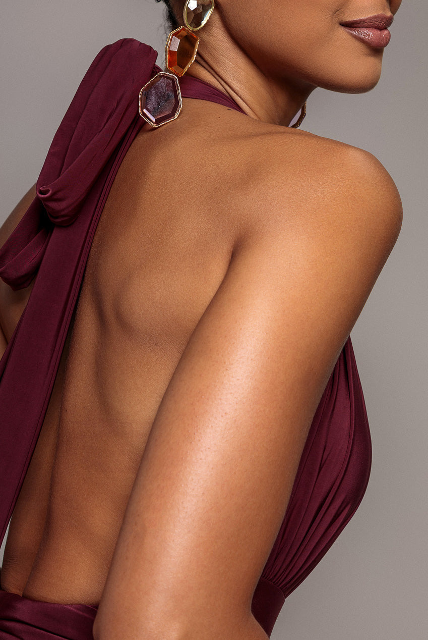 Goddiva Halter Neck Empire Waist Gathered Maxi Dress - Burgundy