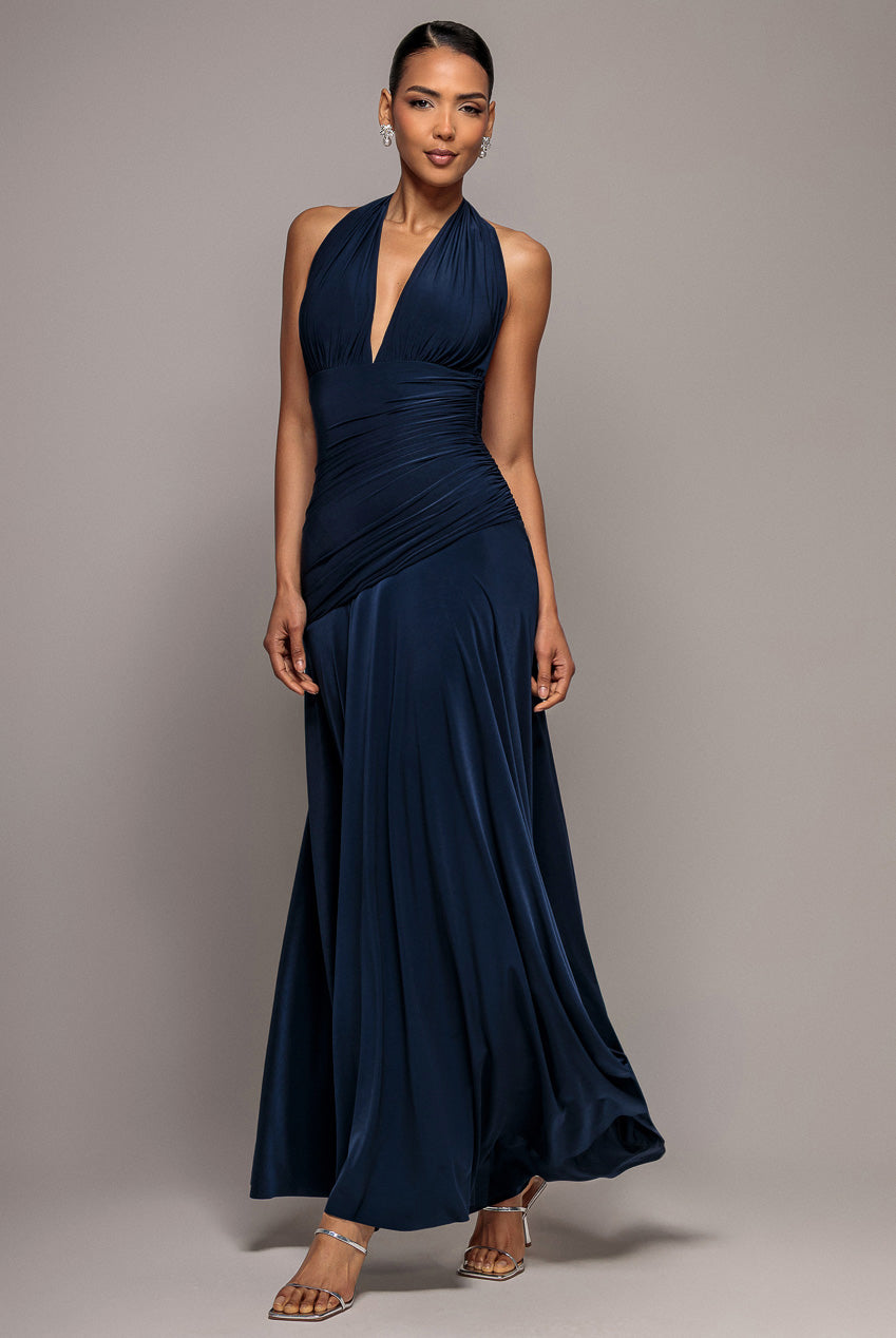 Goddiva Halter Neck Empire Waist Gathered Maxi Dress - Navy Blue