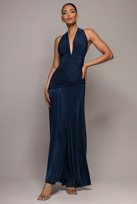 Goddiva Halter Neck Empire Waist Gathered Maxi Dress - Navy Blue