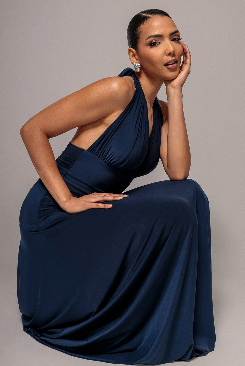 Goddiva Halter Neck Empire Waist Gathered Maxi Dress - Navy Blue
