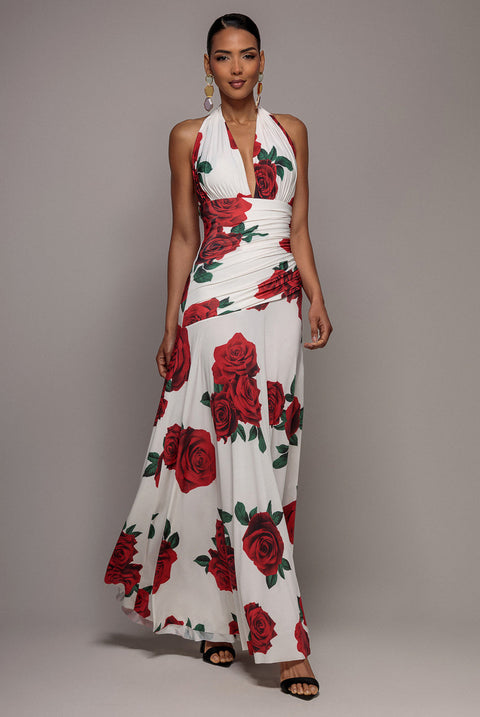 Goddiva Floral Halter Neck Empire Waist Gathered Maxi Dress - Rose Print