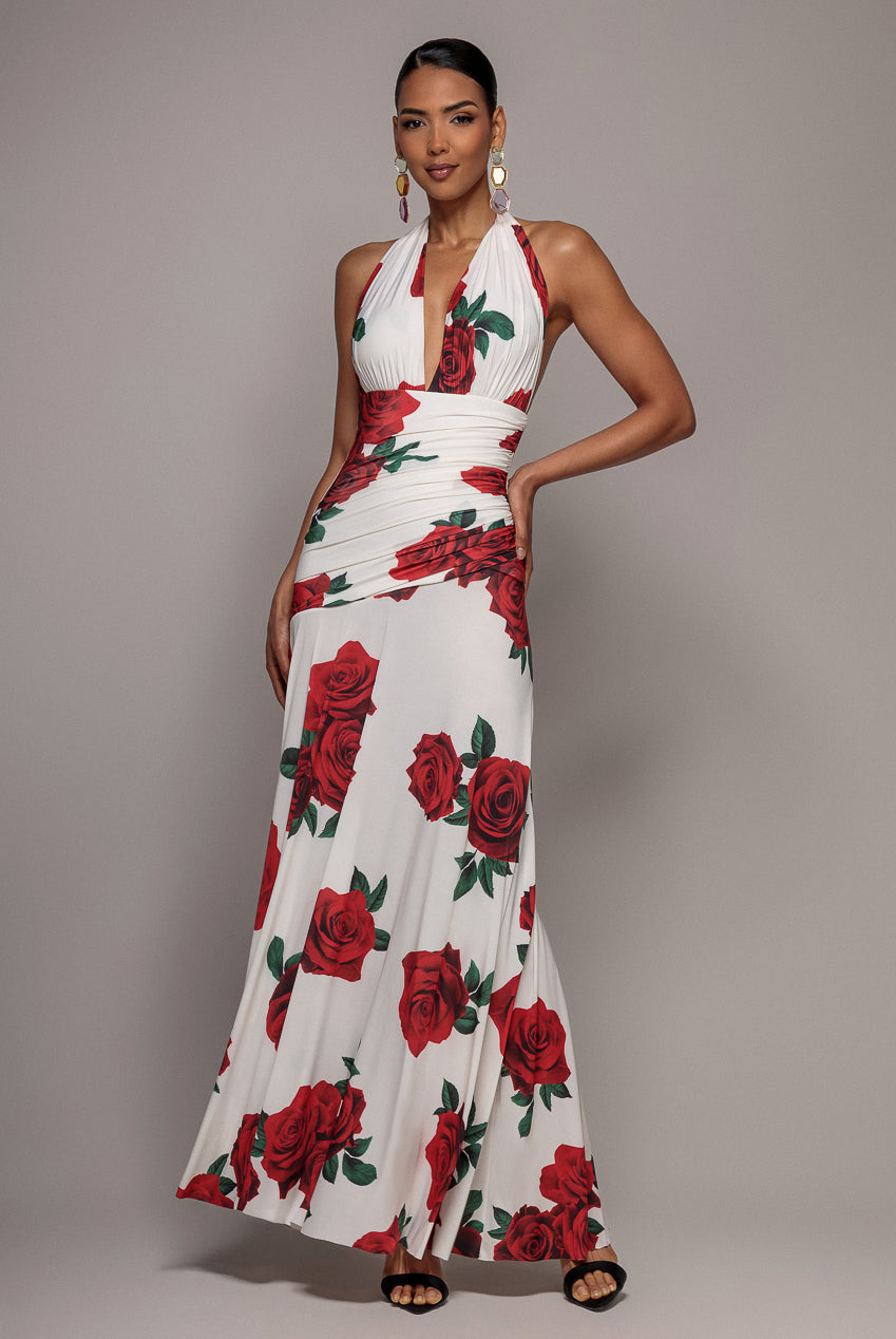 Goddiva Floral Halter Neck Empire Waist Gathered Maxi Dress - Rose Print