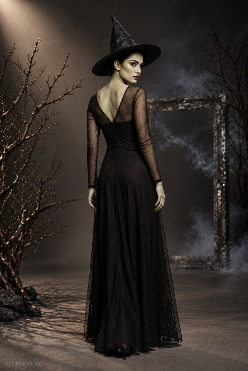 Goddiva Long Sleeve Maxi Dress Elphaba-Inspired Halloween Costume - Black