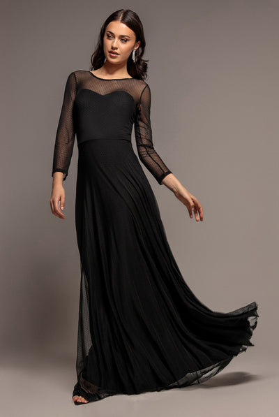 Black - Goddiva Sheer Sleeve Dobby Mesh Sweetheart A Line Maxi Dress - Black