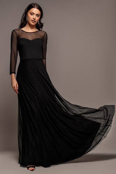 Black - Goddiva Sheer Sleeve Dobby Mesh Sweetheart A Line Maxi Dress - Black