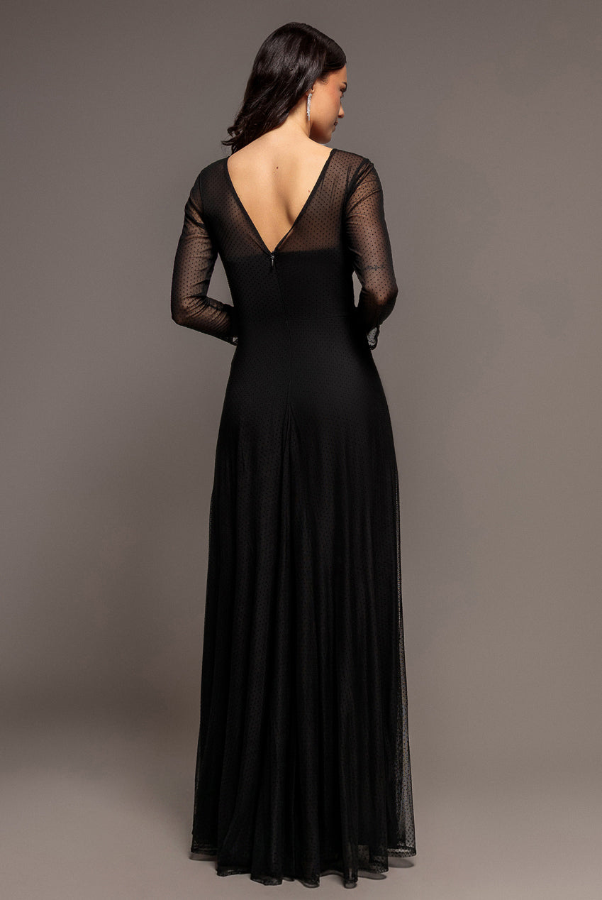 Goddiva Sheer Sleeve Dobby Mesh Sweetheart A Line Maxi Dress - Black