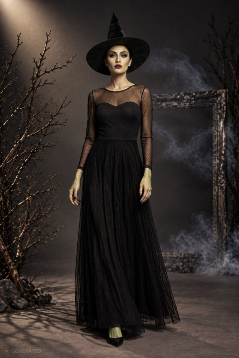 Goddiva Long Sleeve Maxi Dress Elphaba-Inspired Halloween Costume - Black