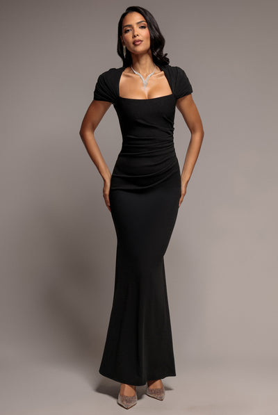 Black - Goddiva Pleated Asymmetric Bodice  Mermaid Maxi Dress - Black