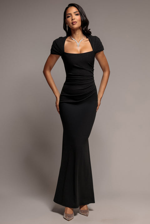 Goddiva Pleated Asymmetric Bodice  Mermaid Maxi Dress - Black