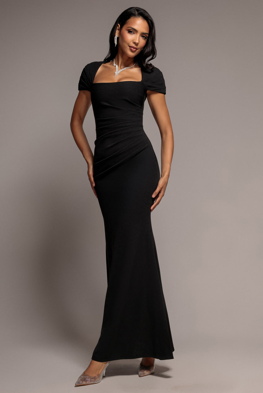Goddiva Pleated Asymmetric Bodice  Mermaid Maxi Dress - Black