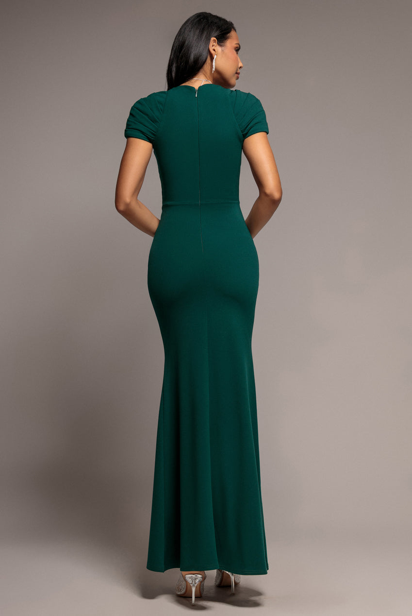 Goddiva Pleated Asymmetric Bodice  Mermaid Maxi Dress - Emerald Green