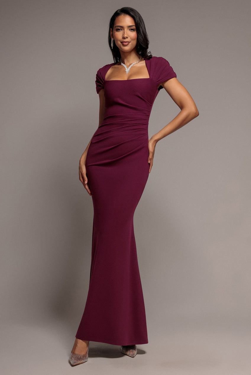 Goddiva Pleated Asymmetric Bodice  Mermaid Maxi Dress - Plum