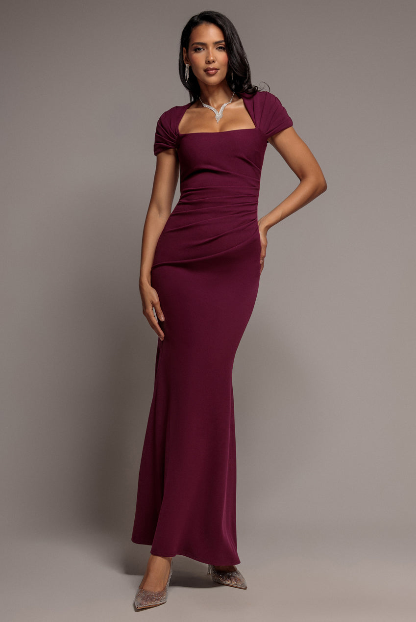 Goddiva Pleated Asymmetric Bodice  Mermaid Maxi Dress - Plum