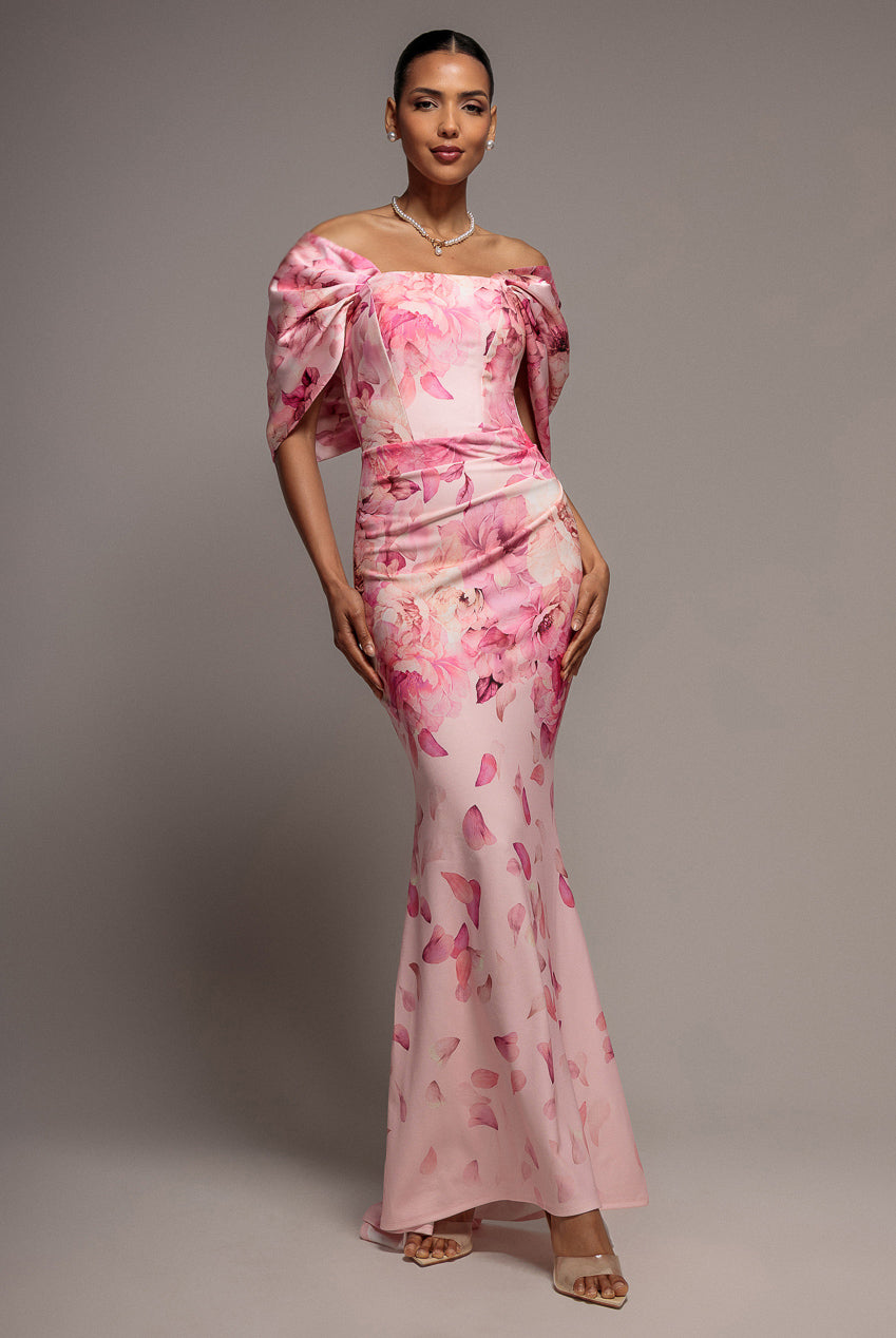 Goddiva Printed Off Shoulder Satin Bow Back Maxi Dress - Blush Pink