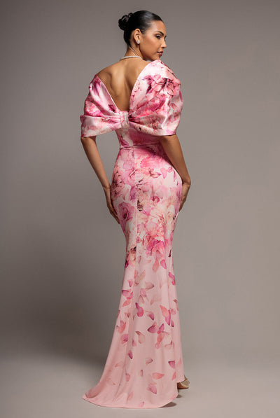 Blush - Goddiva Printed Off Shoulder Satin Bow Back Maxi Dress - Blush Pink