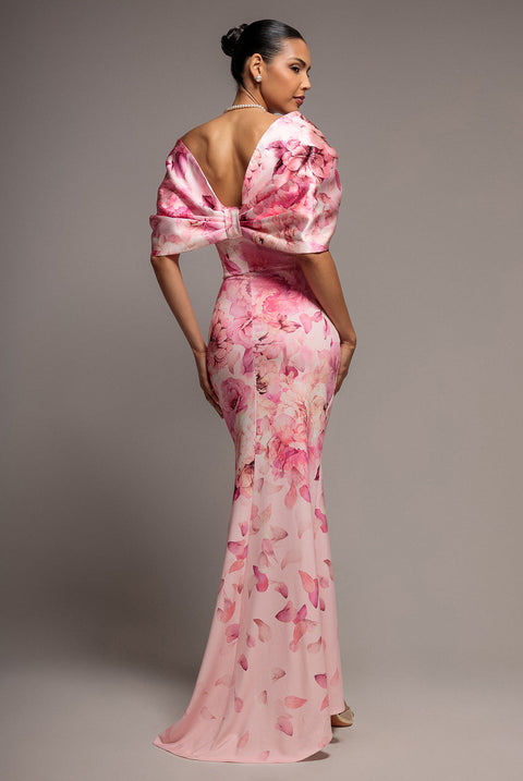 Goddiva Printed Off Shoulder Satin Bow Back Maxi Dress - Blush Pink