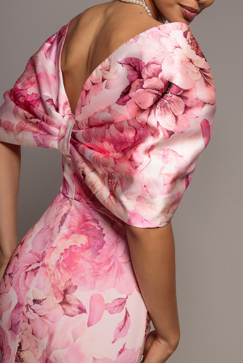 Goddiva Printed Off Shoulder Satin Bow Back Maxi Dress - Blush Pink