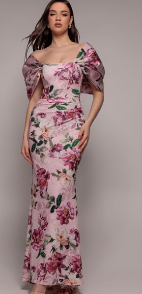 Goddiva Printed Off Shoulder Satin Bow Back Maxi Dress - Blush Pink