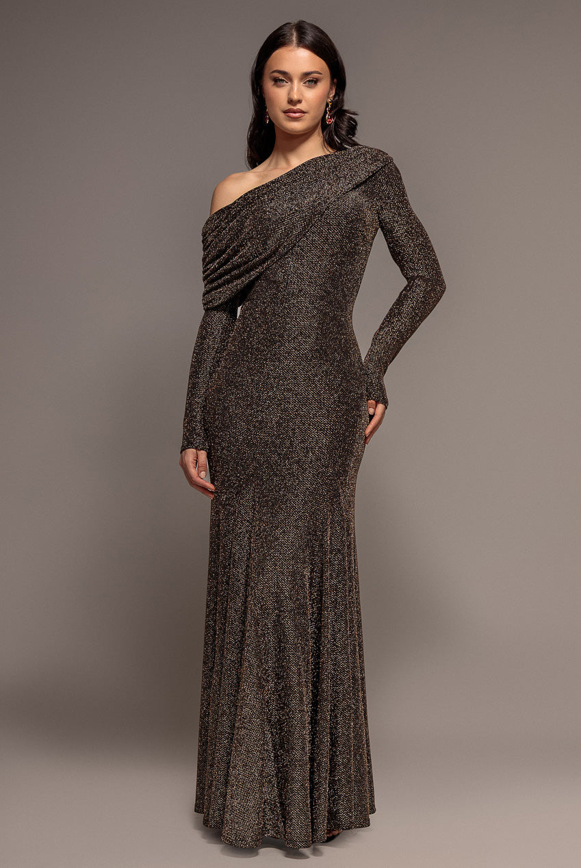 Goddiva Off Shoulder Gathered Bardot Asymmetric Lurex  Maxi Dress - Gold