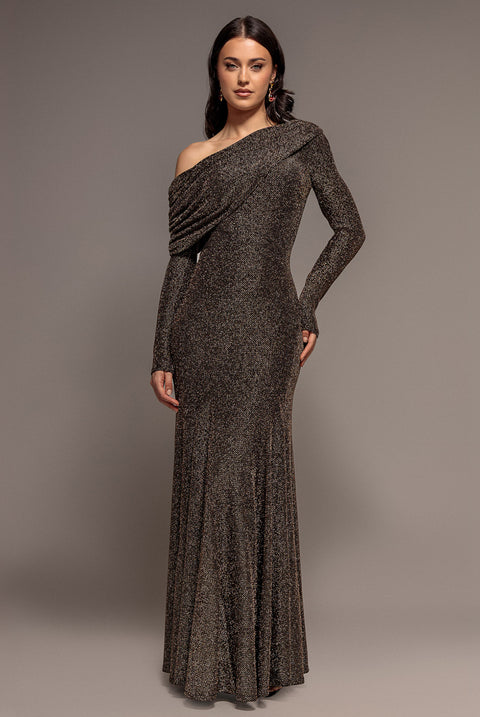 Goddiva Off Shoulder Gathered Bardot Asymmetric Lurex  Maxi Dress - Gold