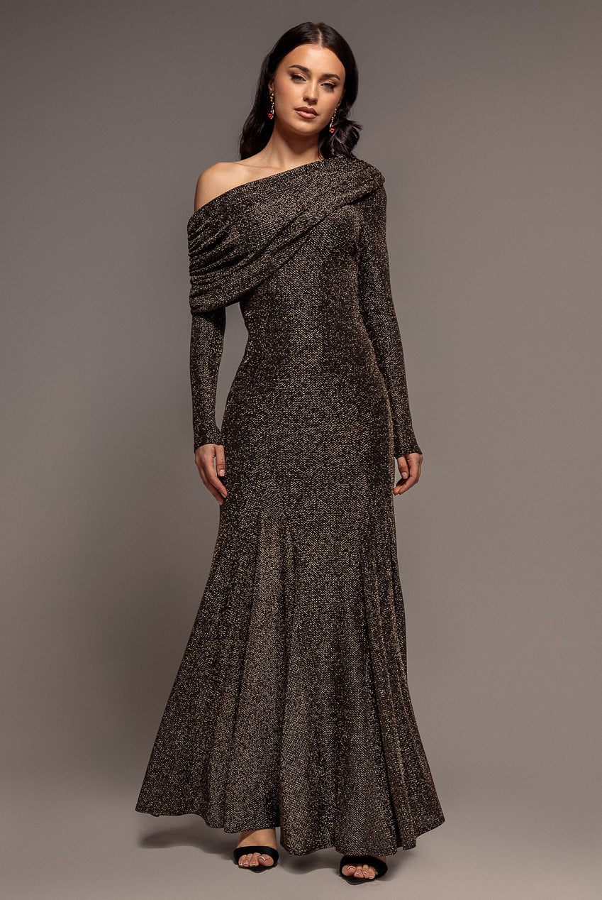 Goddiva Off Shoulder Gathered Bardot Asymmetric Lurex  Maxi Dress - Gold