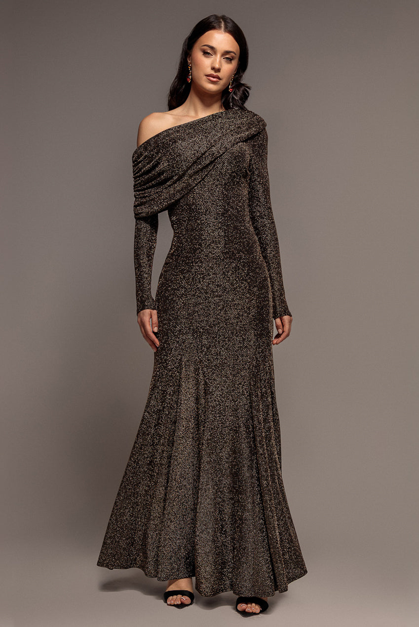 Goddiva Off Shoulder Gathered Bardot Asymmetric Lurex  Maxi Dress - Gold