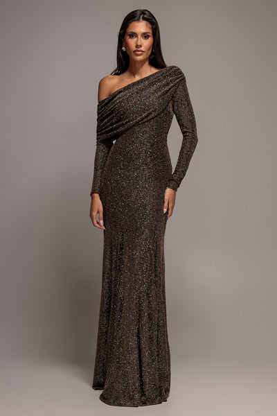 Gold - Goddiva Off Shoulder Gathered Bardot Asymmetric Lurex  Maxi Dress - Gold