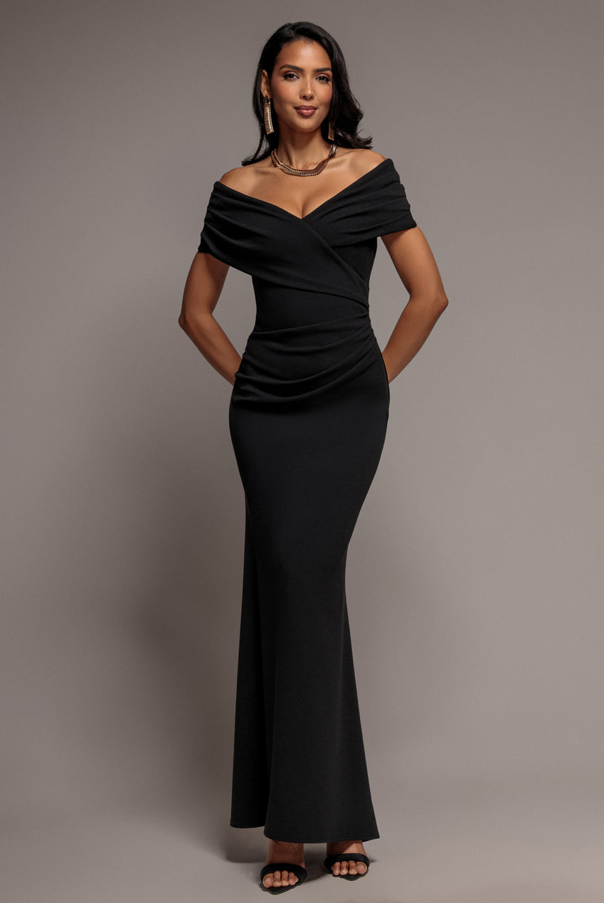 Goddiva Pleated Bardot Wrap Mermaid Maxi Dress - Black