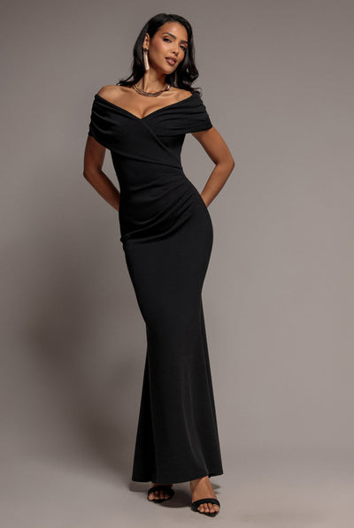 Black - Goddiva Pleated Bardot Wrap Mermaid Maxi Dress - Black